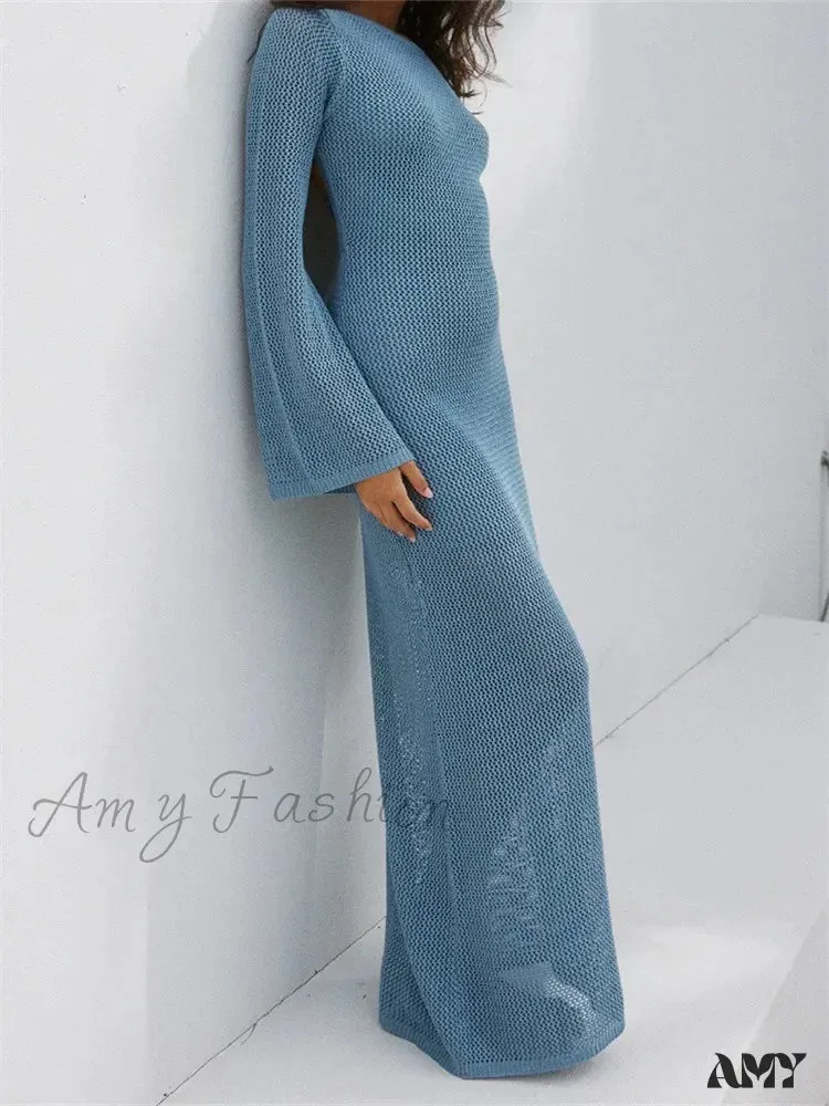 Amy Fashion - Women Autumn Knitted  Solid  Sleeve Round Neck Backless Tie-Up Slim Party Beach  Female Vestidos