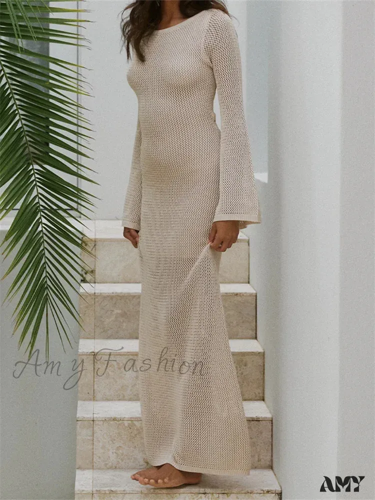 Amy Fashion - Women Autumn Knitted  Solid  Sleeve Round Neck Backless Tie-Up Slim Party Beach  Female Vestidos