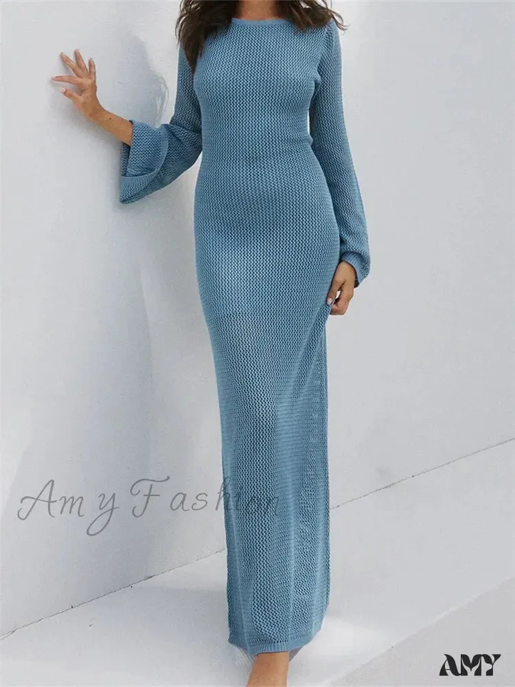 Amy Fashion - Women Autumn Knitted  Solid  Sleeve Round Neck Backless Tie-Up Slim Party Beach  Female Vestidos