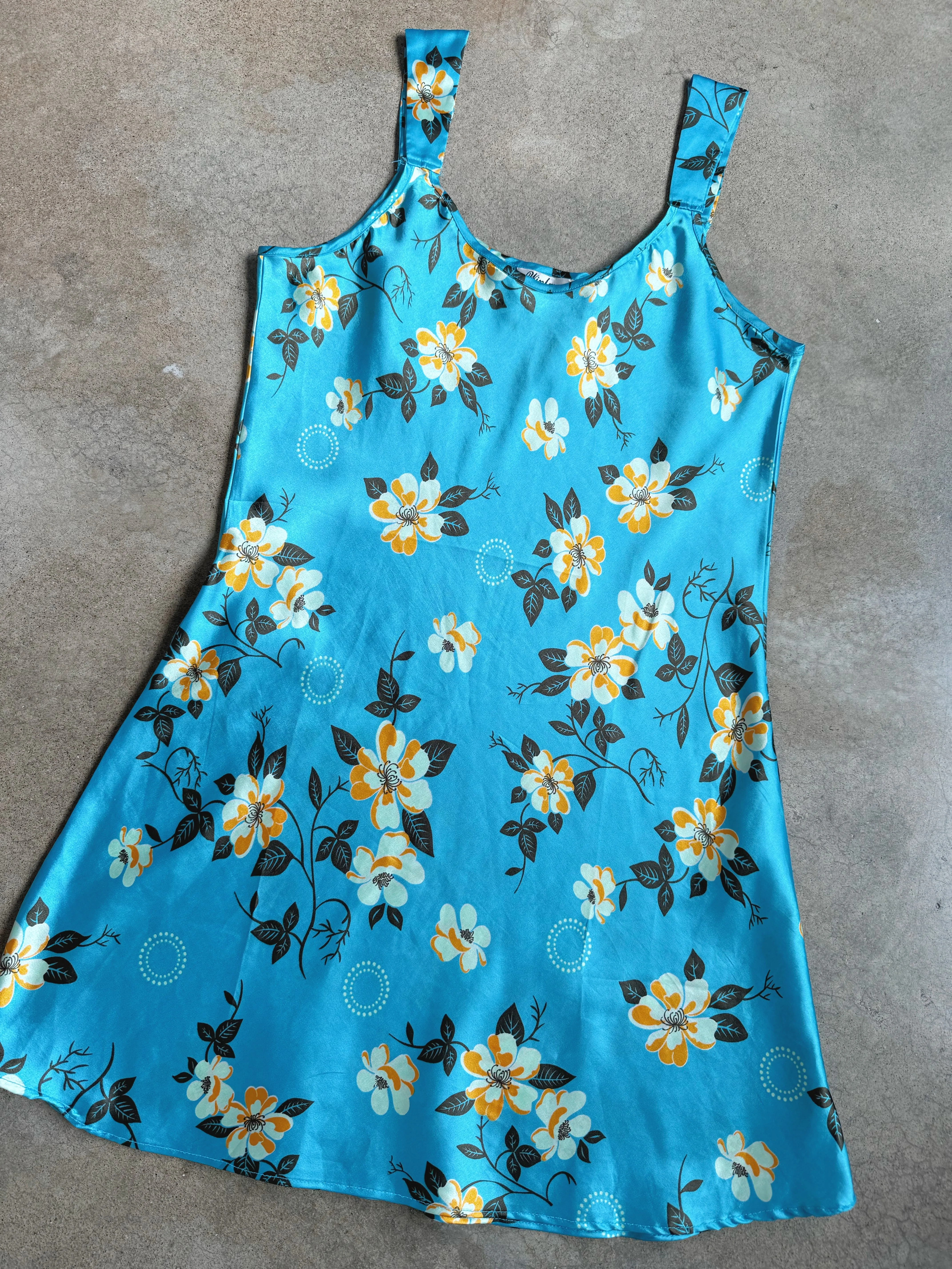 Blue Floral Satin Slip Dress (L)