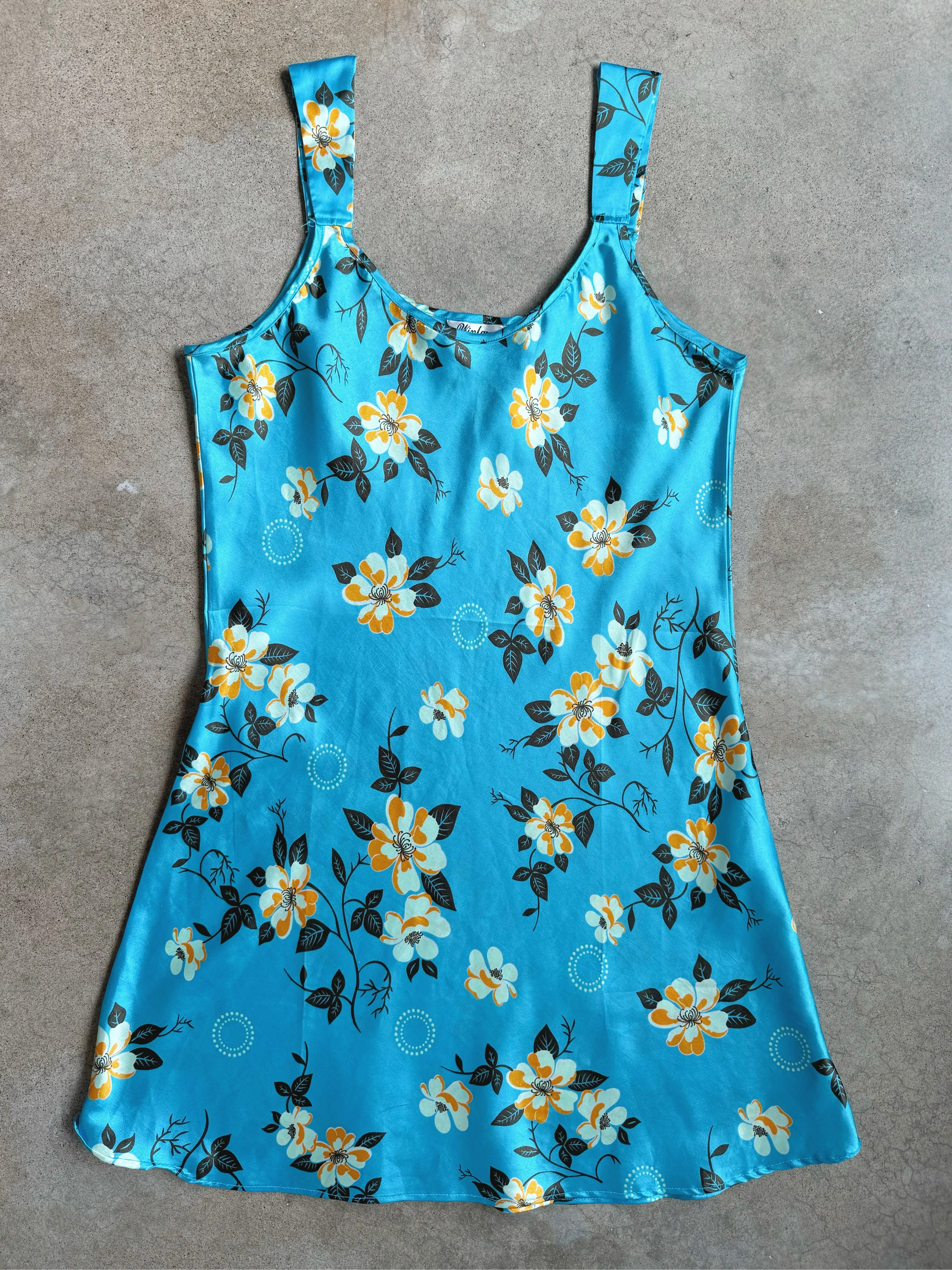 Blue Floral Satin Slip Dress (L)