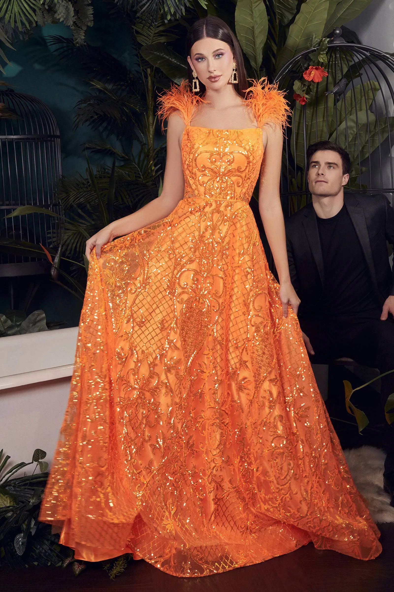 Cinderella Divine KV1076 Neon Orange Feather Gown