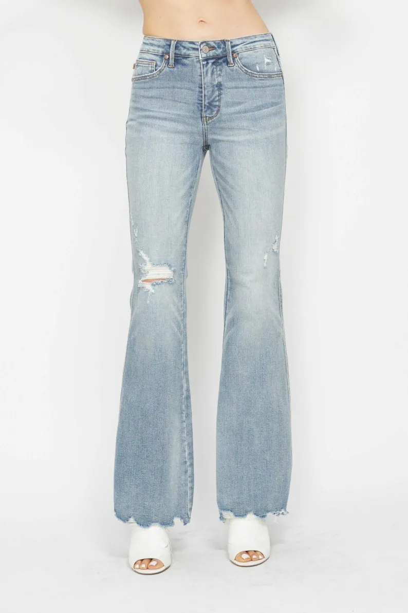 Judy Blue Mid Rise Tummy Control Destroyed Flare Jeans
