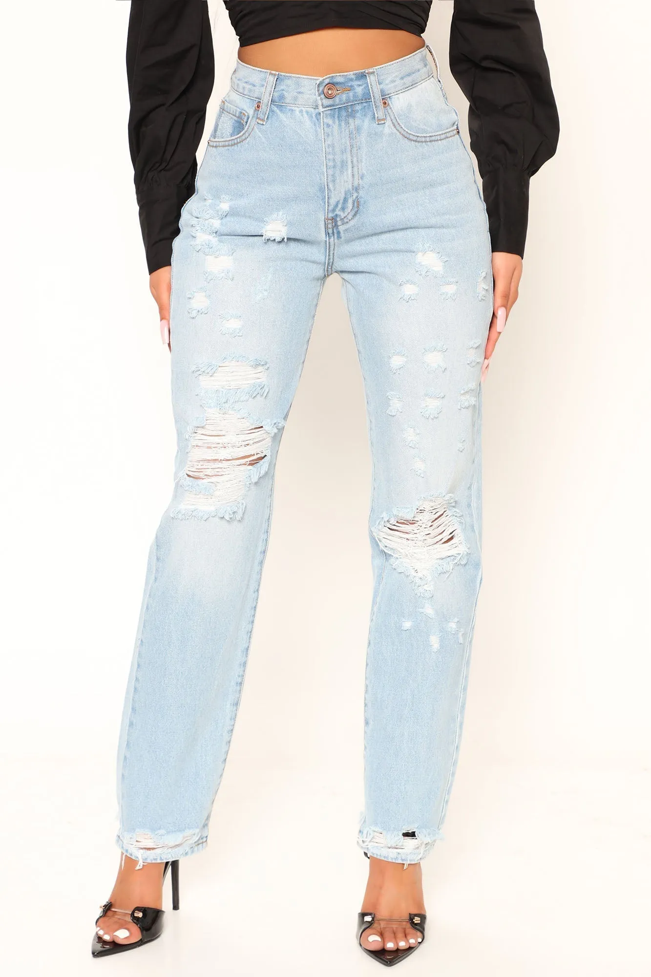 KittenAlarm - 90's Loose Ripped Slouch Fit Jeans - Light Blue Wash