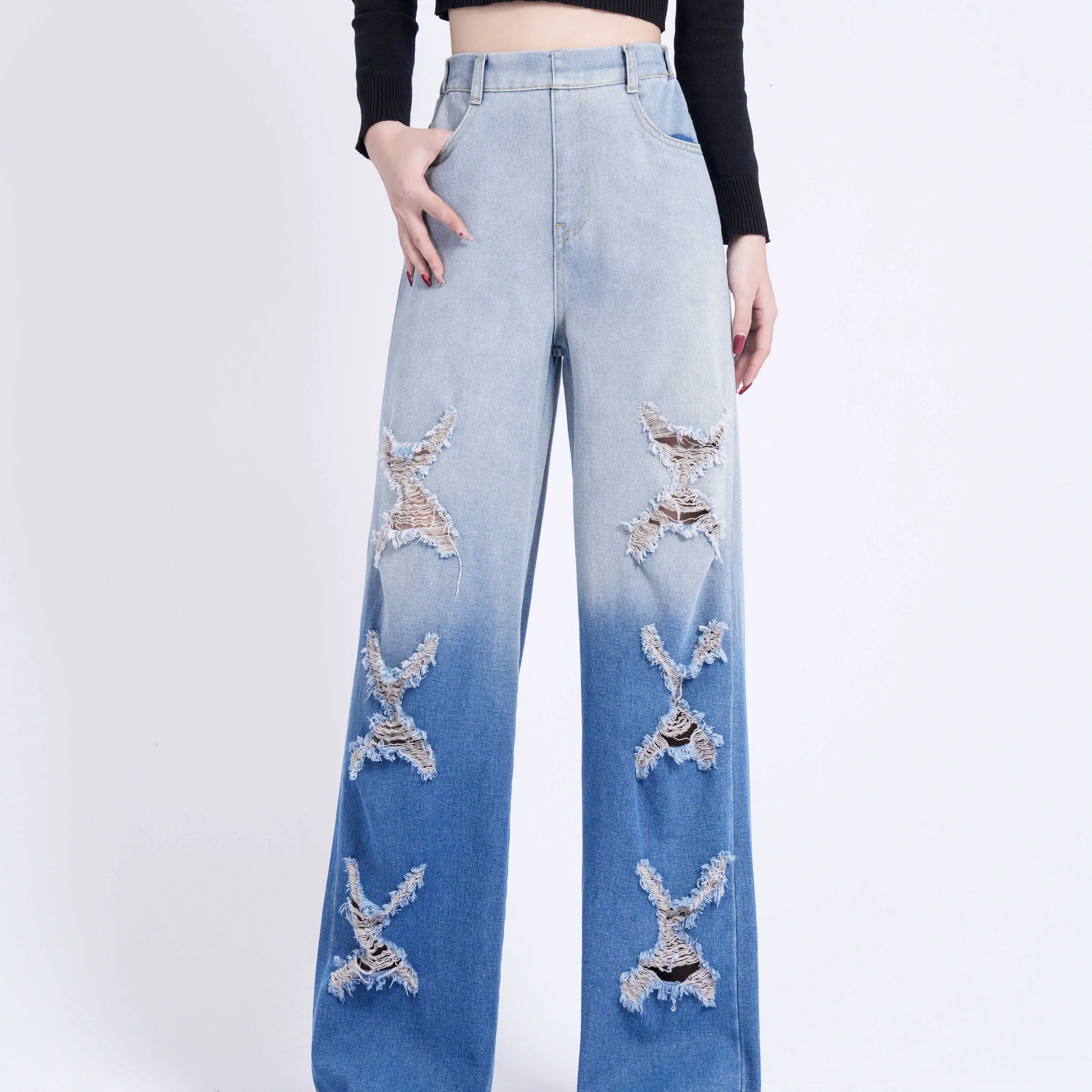 realaiot  Girls Fashionable Ripped Wide-Leg Jeans, Casual Street Style Straight Loose Jeans