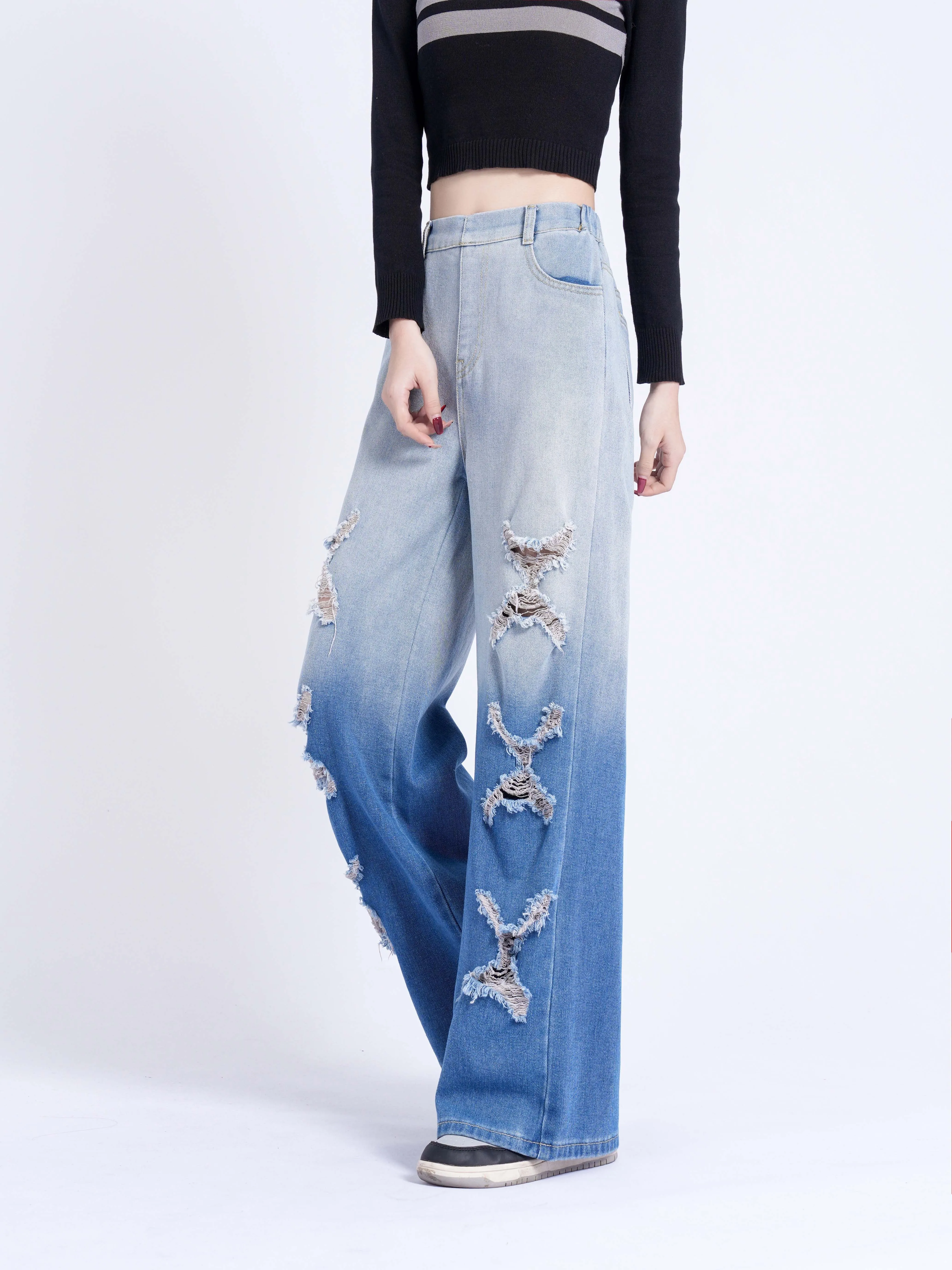 realaiot  Girls Fashionable Ripped Wide-Leg Jeans, Casual Street Style Straight Loose Jeans
