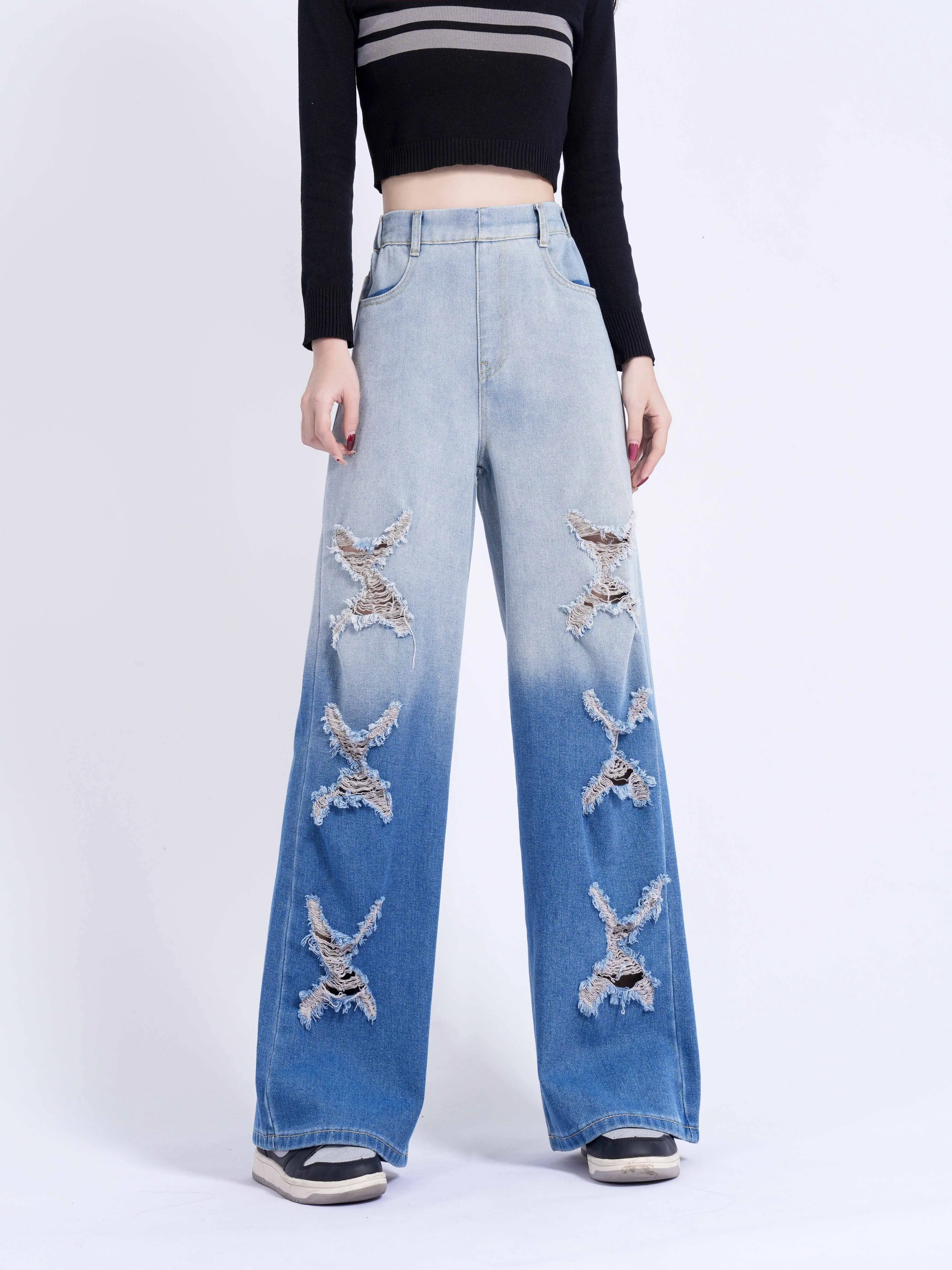 realaiot  Girls Fashionable Ripped Wide-Leg Jeans, Casual Street Style Straight Loose Jeans