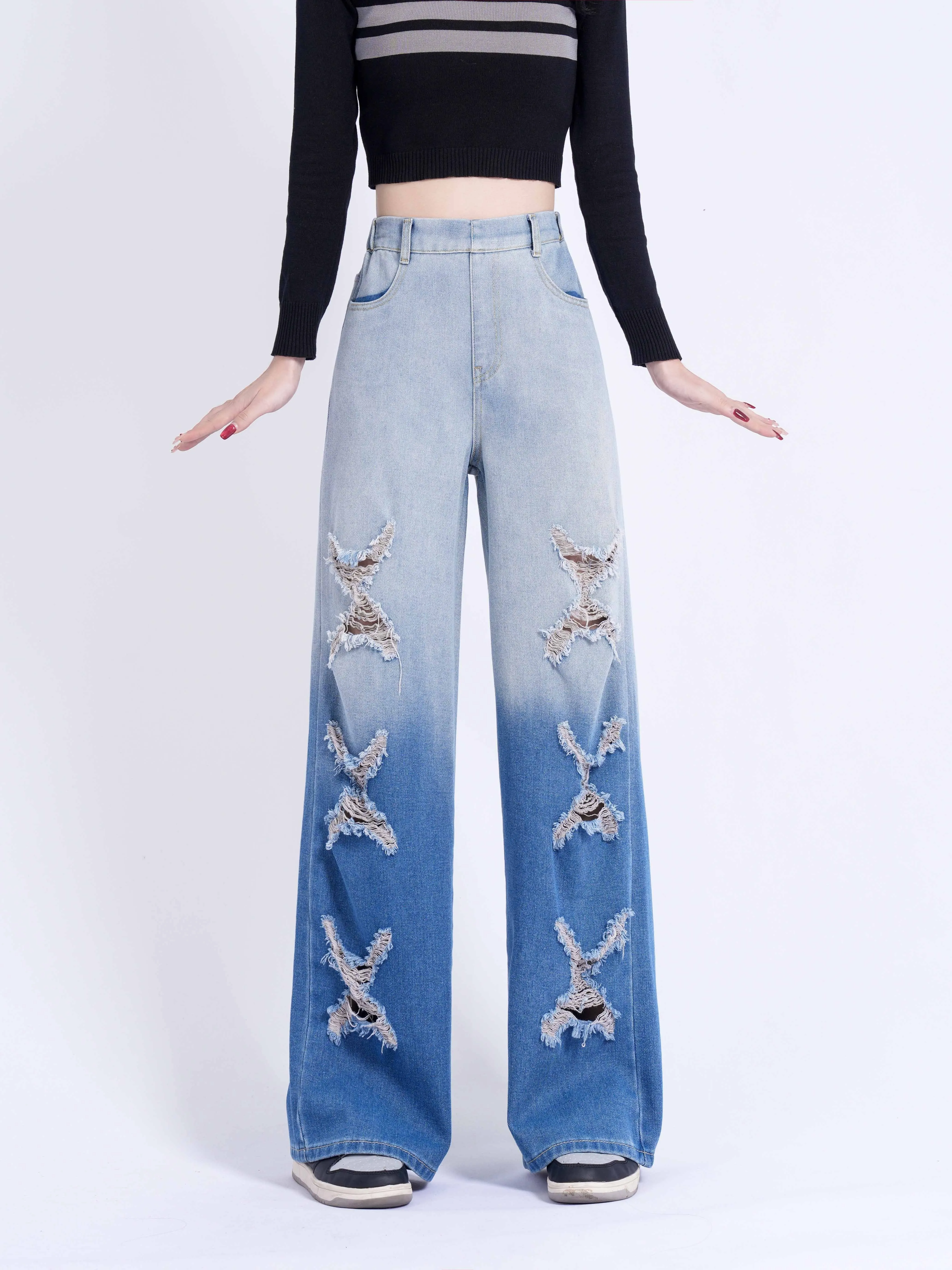 realaiot  Girls Fashionable Ripped Wide-Leg Jeans, Casual Street Style Straight Loose Jeans