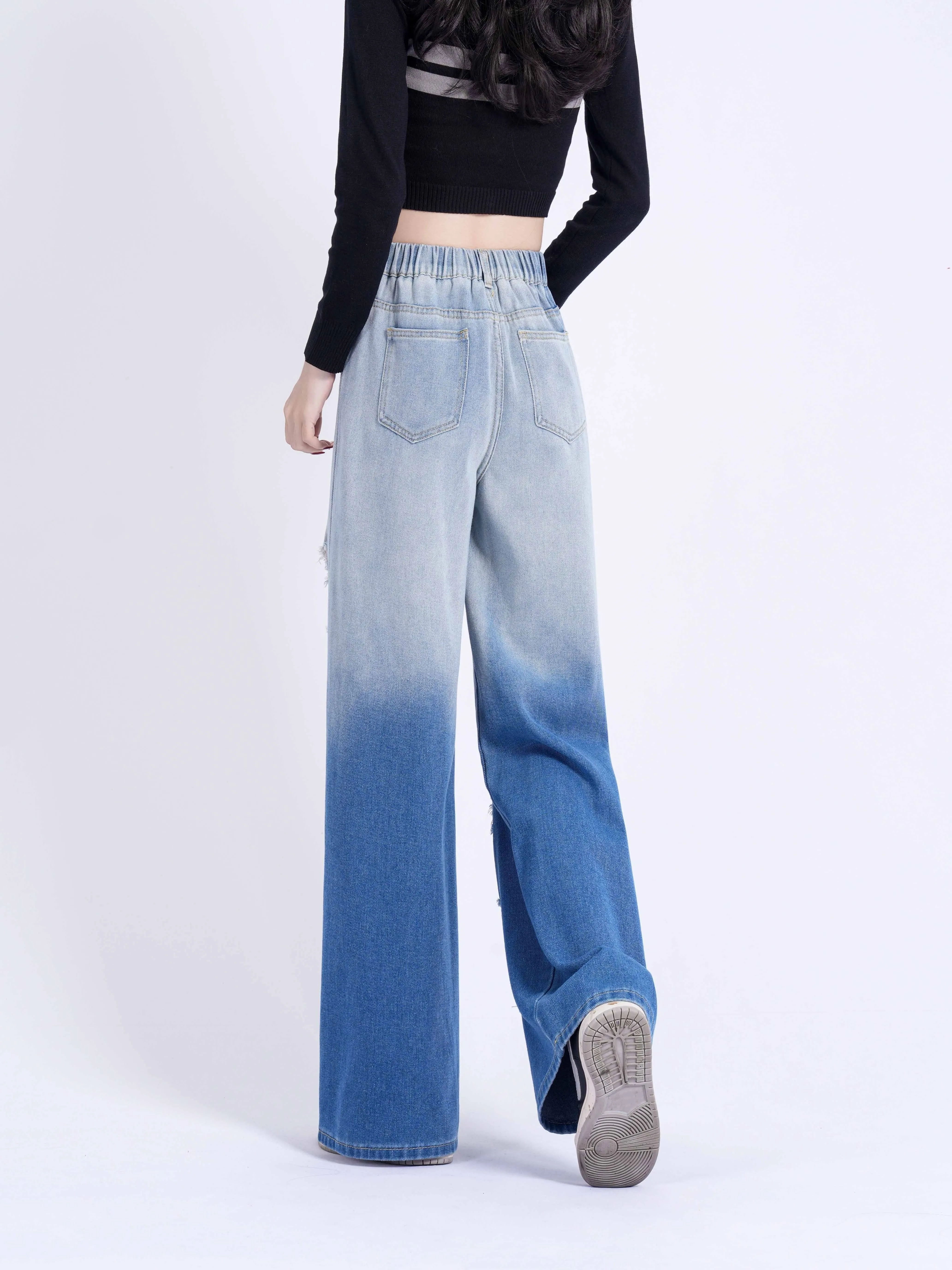 realaiot  Girls Fashionable Ripped Wide-Leg Jeans, Casual Street Style Straight Loose Jeans