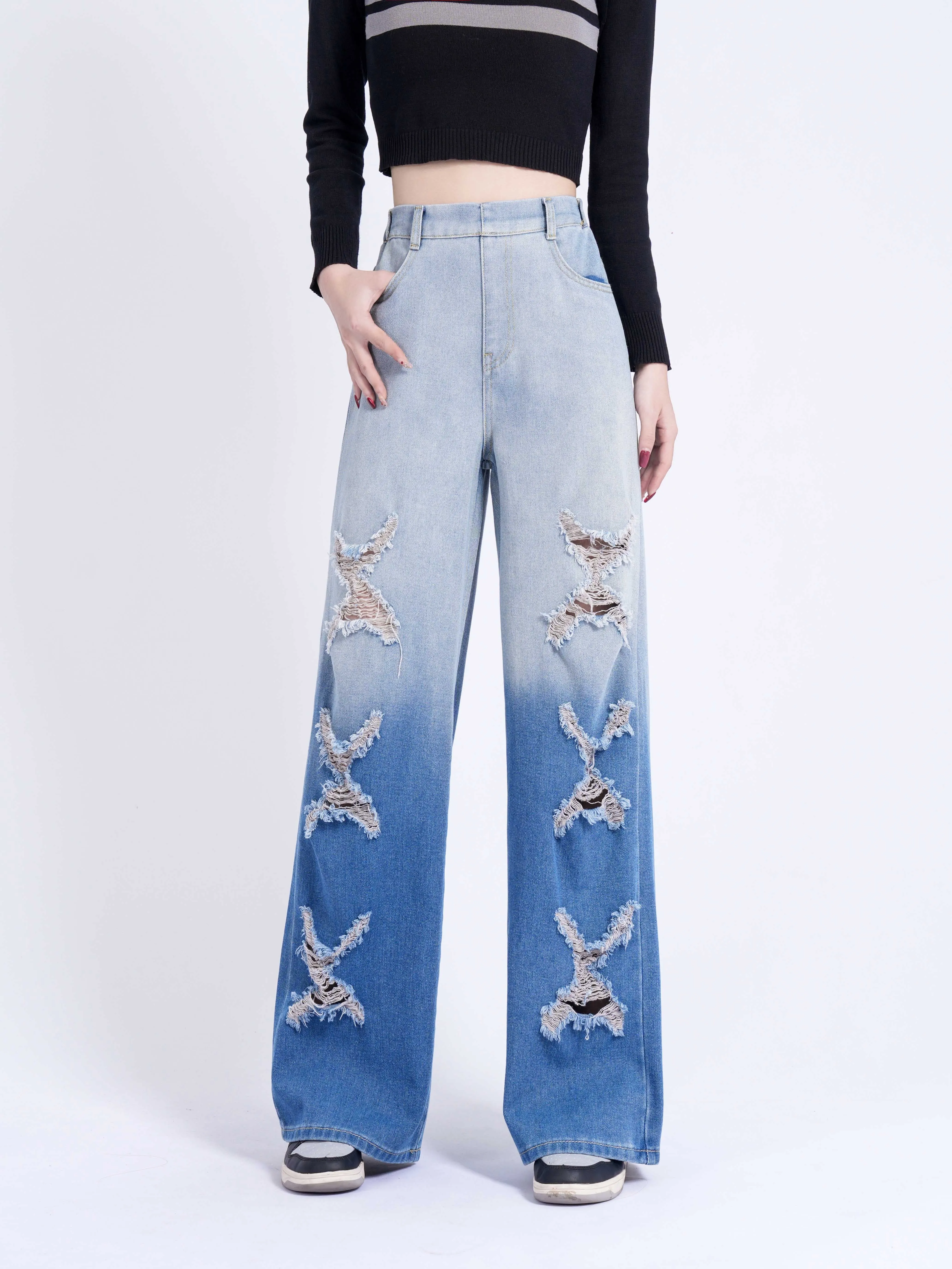 realaiot  Girls Fashionable Ripped Wide-Leg Jeans, Casual Street Style Straight Loose Jeans