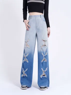 realaiot  Girls Fashionable Ripped Wide-Leg Jeans, Casual Street Style Straight Loose Jeans