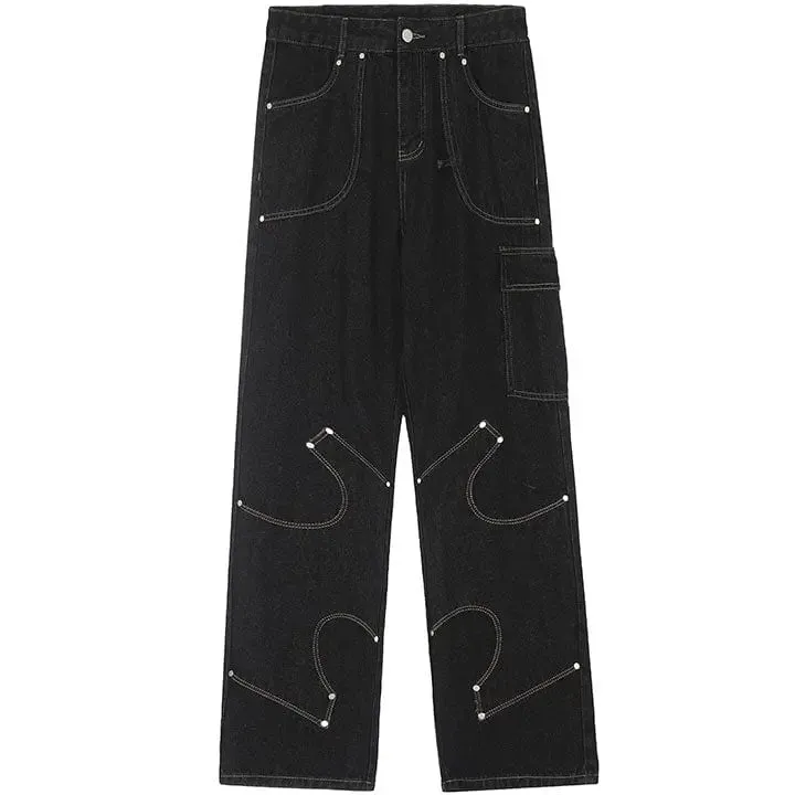 Sneakerhill® Black Punk Stitch Cargo Jeans