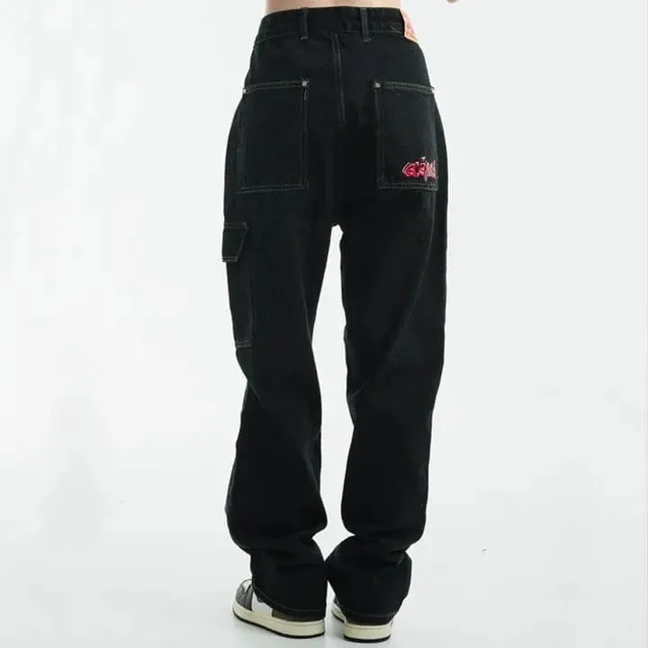 Sneakerhill® Black Punk Stitch Cargo Jeans