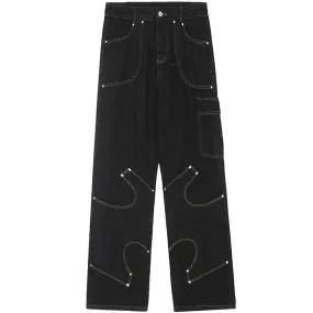 Sneakerhill® Black Punk Stitch Cargo Jeans