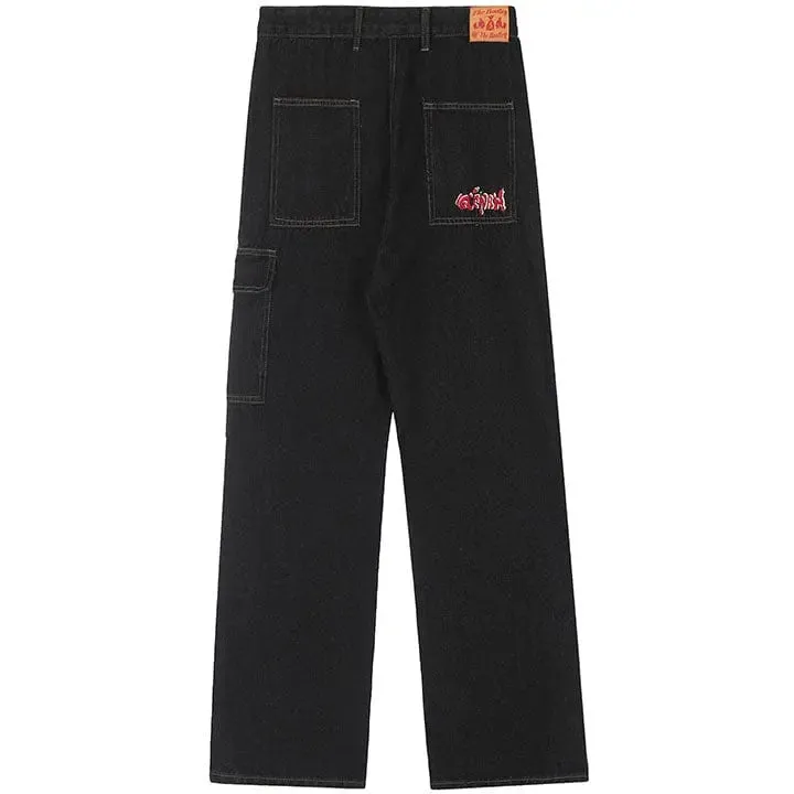 Sneakerhill® Black Punk Stitch Cargo Jeans