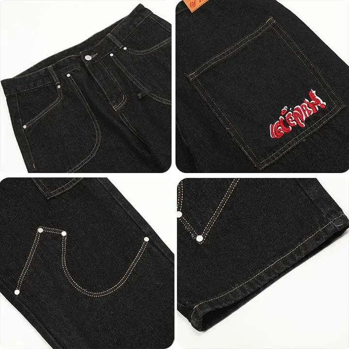 Sneakerhill® Black Punk Stitch Cargo Jeans