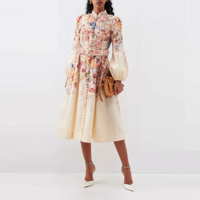 Stand Collar Single-breasted Positioning Printing Dress