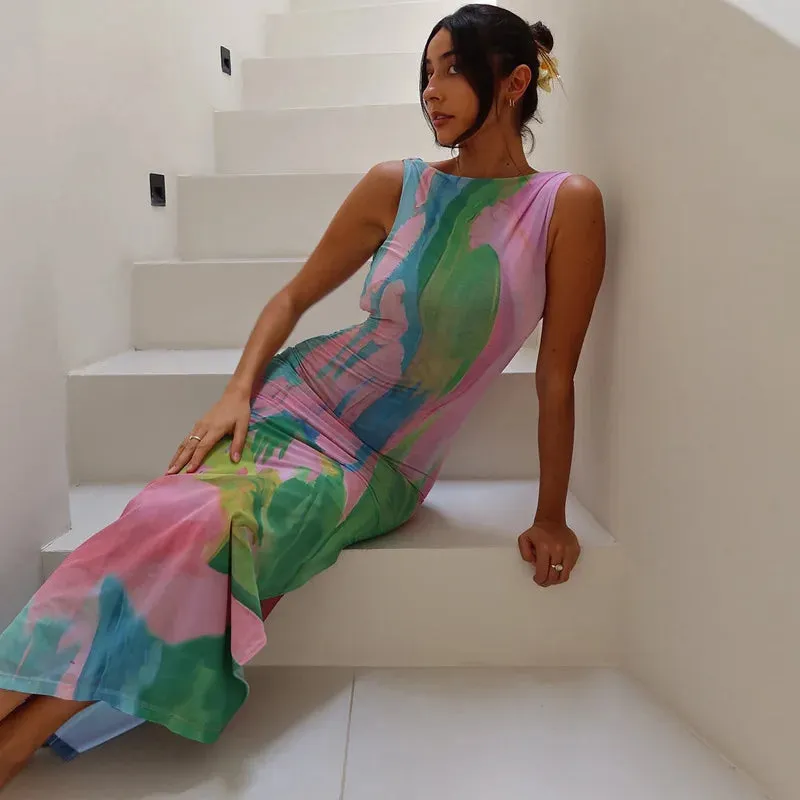 Summer Body Printedcon Sexy Backless Sleeveless Evening Maxi Dress