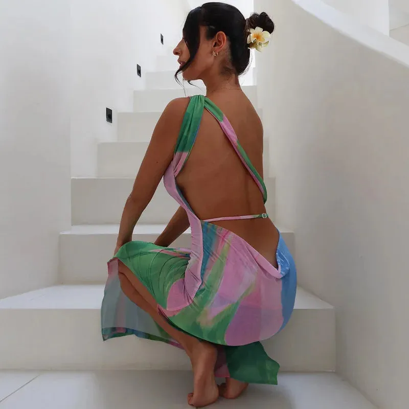Summer Body Printedcon Sexy Backless Sleeveless Evening Maxi Dress