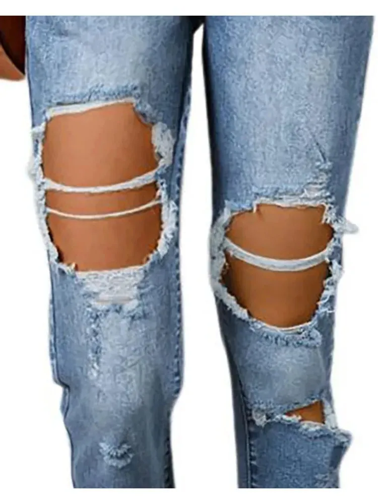 UAKISS  -  Cutout Jeans Women Pants Spring Autumn Pocket Design Ripped Blue Jeans for Woman High Waist Denim Trousers Casual Y2k Streetwear