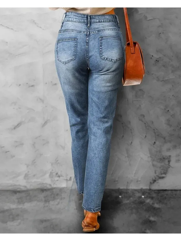 UAKISS  -  Cutout Jeans Women Pants Spring Autumn Pocket Design Ripped Blue Jeans for Woman High Waist Denim Trousers Casual Y2k Streetwear