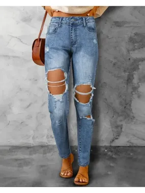 UAKISS  -  Cutout Jeans Women Pants Spring Autumn Pocket Design Ripped Blue Jeans for Woman High Waist Denim Trousers Casual Y2k Streetwear