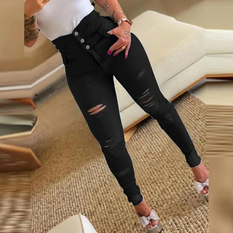 UAKISS  -  New Autumn Fashion High Waist Button Slim Fit Long Pants Casual Pockets Tight Ripped Pants Elegant Women's Commuting Hole Jeans