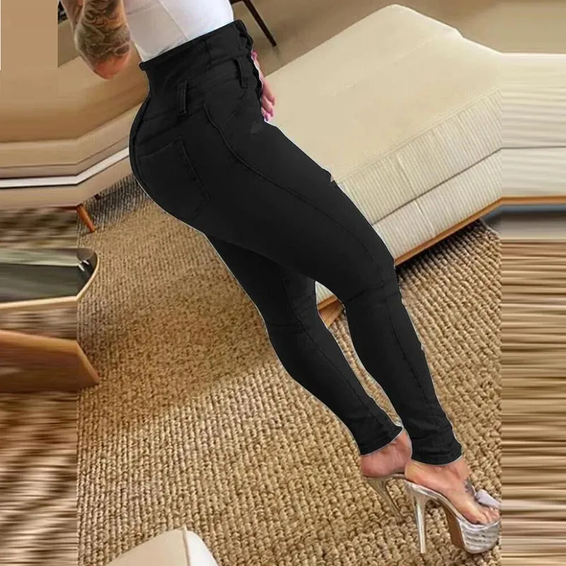 UAKISS  -  New Autumn Fashion High Waist Button Slim Fit Long Pants Casual Pockets Tight Ripped Pants Elegant Women's Commuting Hole Jeans