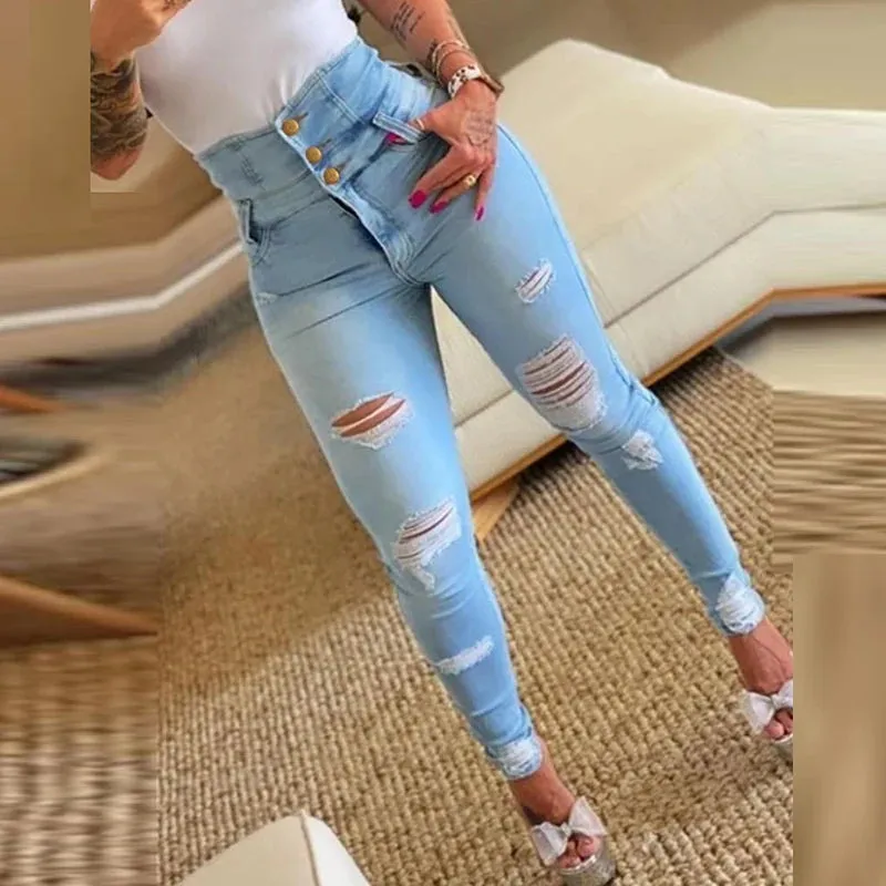 UAKISS  -  New Autumn Fashion High Waist Button Slim Fit Long Pants Casual Pockets Tight Ripped Pants Elegant Women's Commuting Hole Jeans