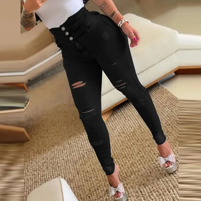 UAKISS  -  New Autumn Fashion High Waist Button Slim Fit Long Pants Casual Pockets Tight Ripped Pants Elegant Women's Commuting Hole Jeans
