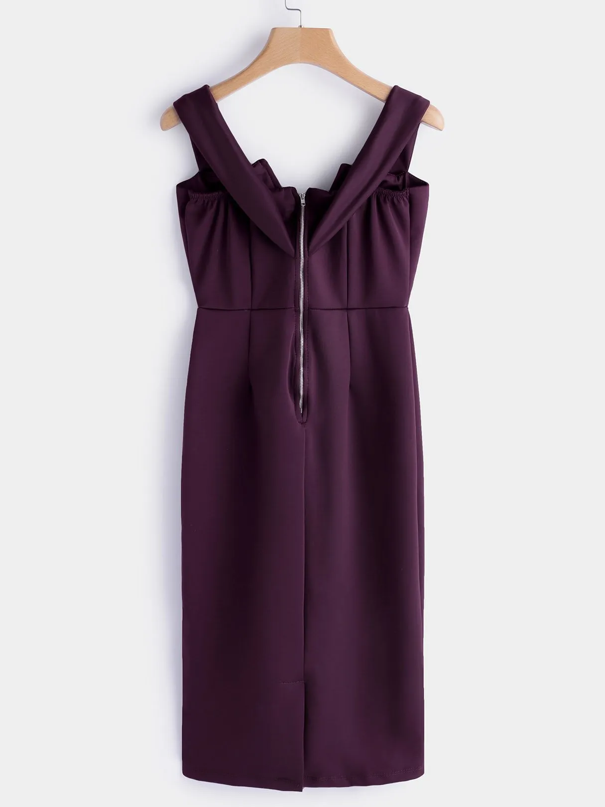 Wholesale Burgundy V-Neck Off The Shoulder Short Sleeve Plain Zip Back Slit Sexy Dresses