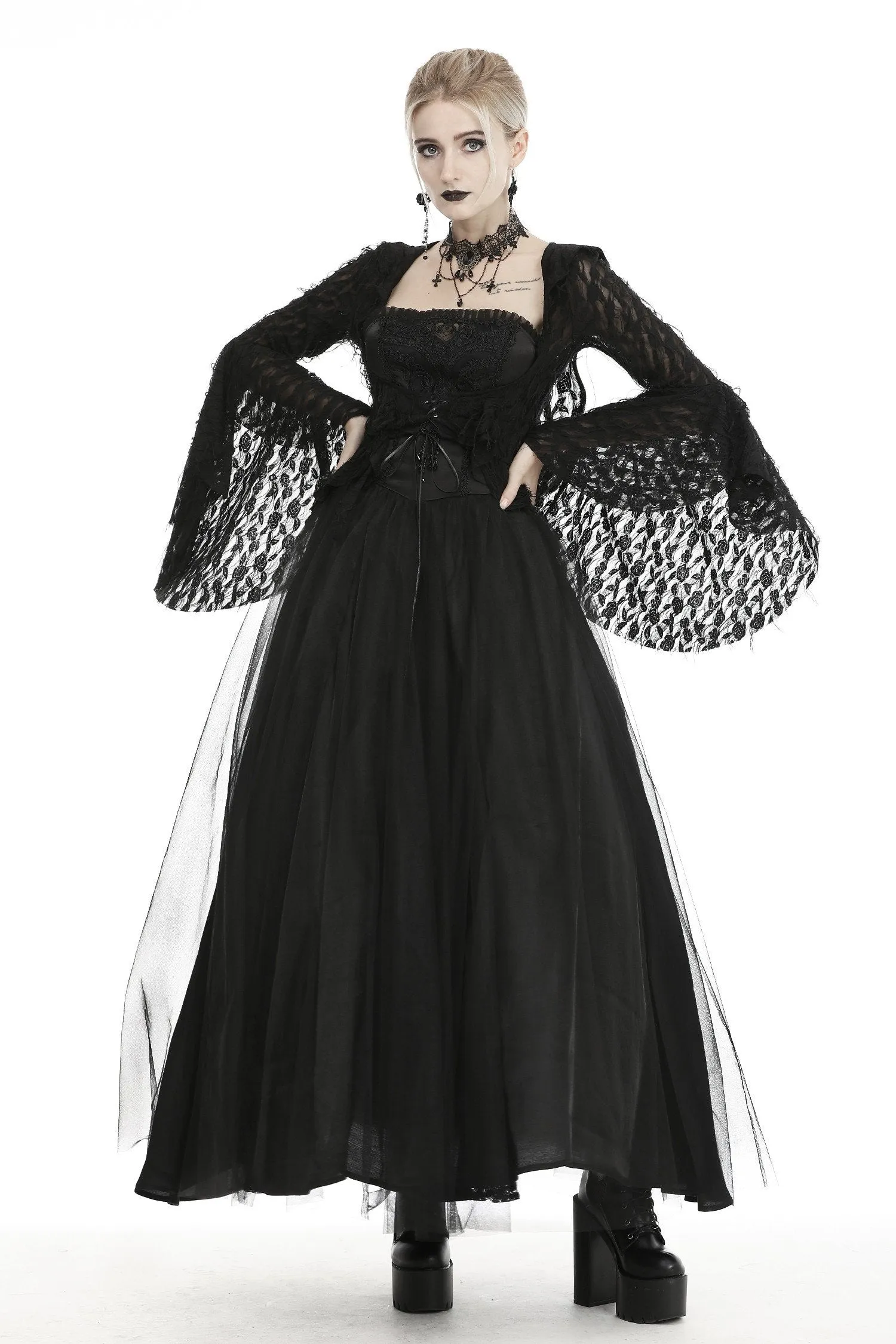 Women's ripped lace bell sleeves hooded thin tailcoat JW219