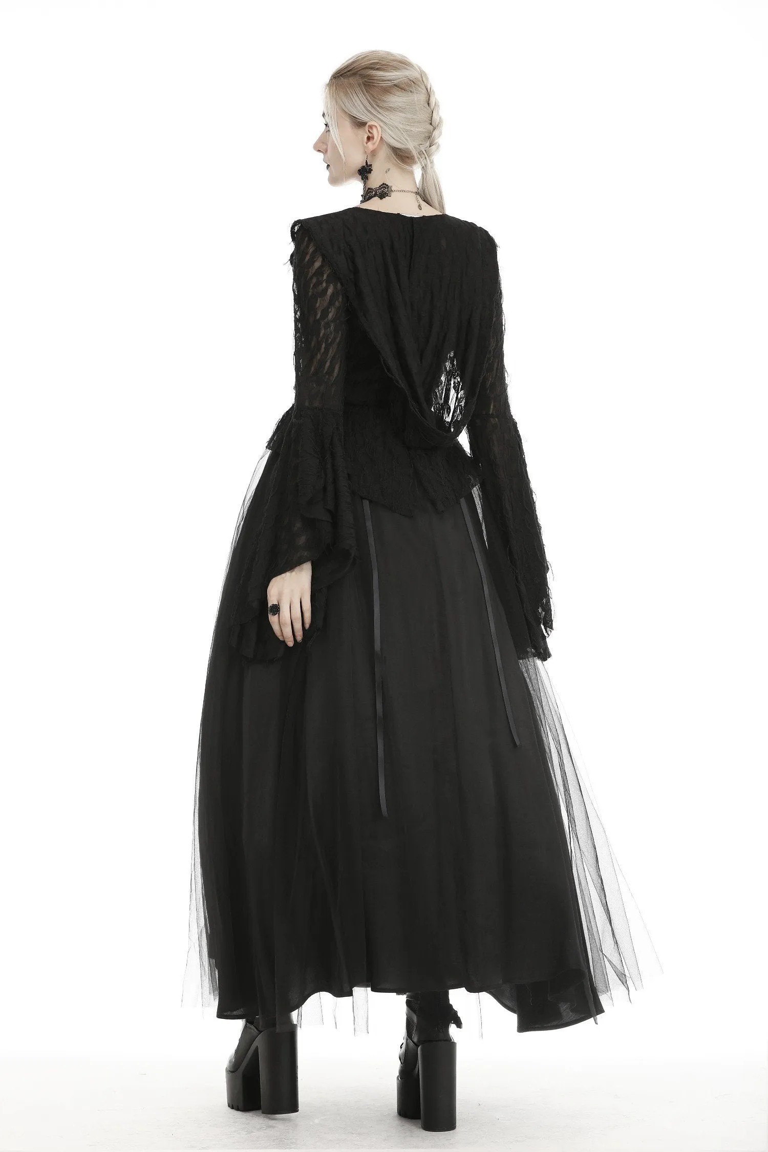 Women's ripped lace bell sleeves hooded thin tailcoat JW219