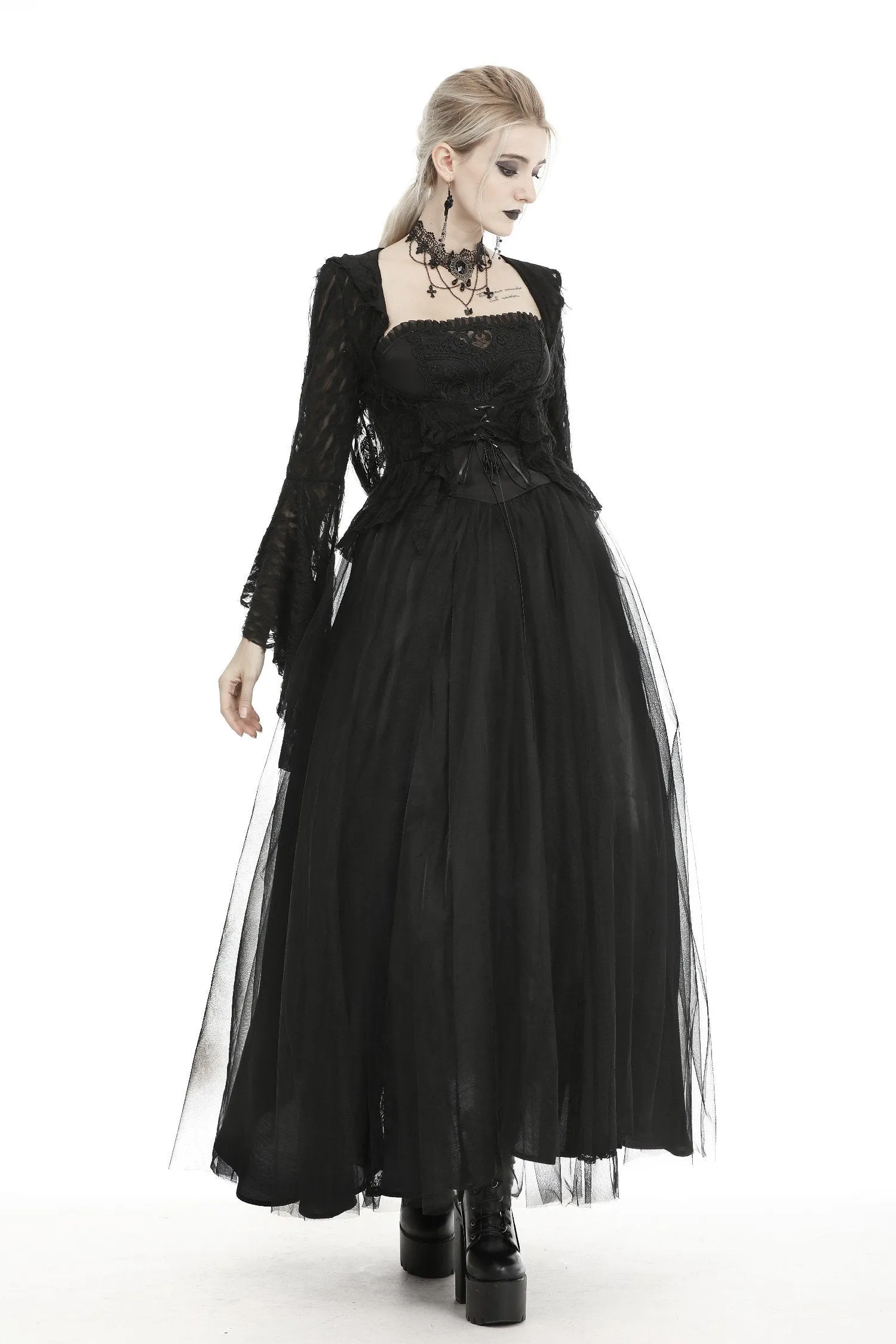 Women's ripped lace bell sleeves hooded thin tailcoat JW219