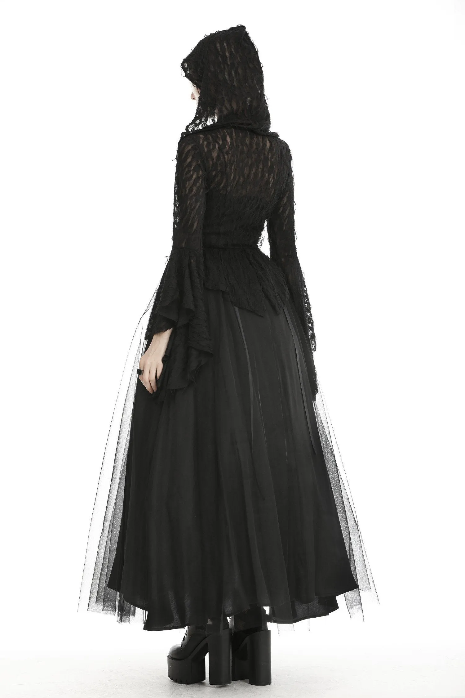 Women's ripped lace bell sleeves hooded thin tailcoat JW219